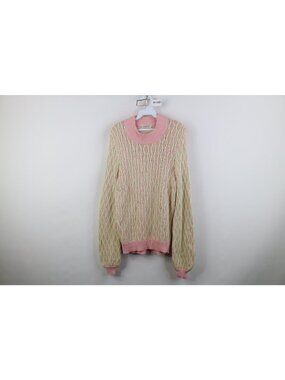 Stine Goya Womens Medium Balloon Sleeve Contrast Cable Knit Crewneck Sweater